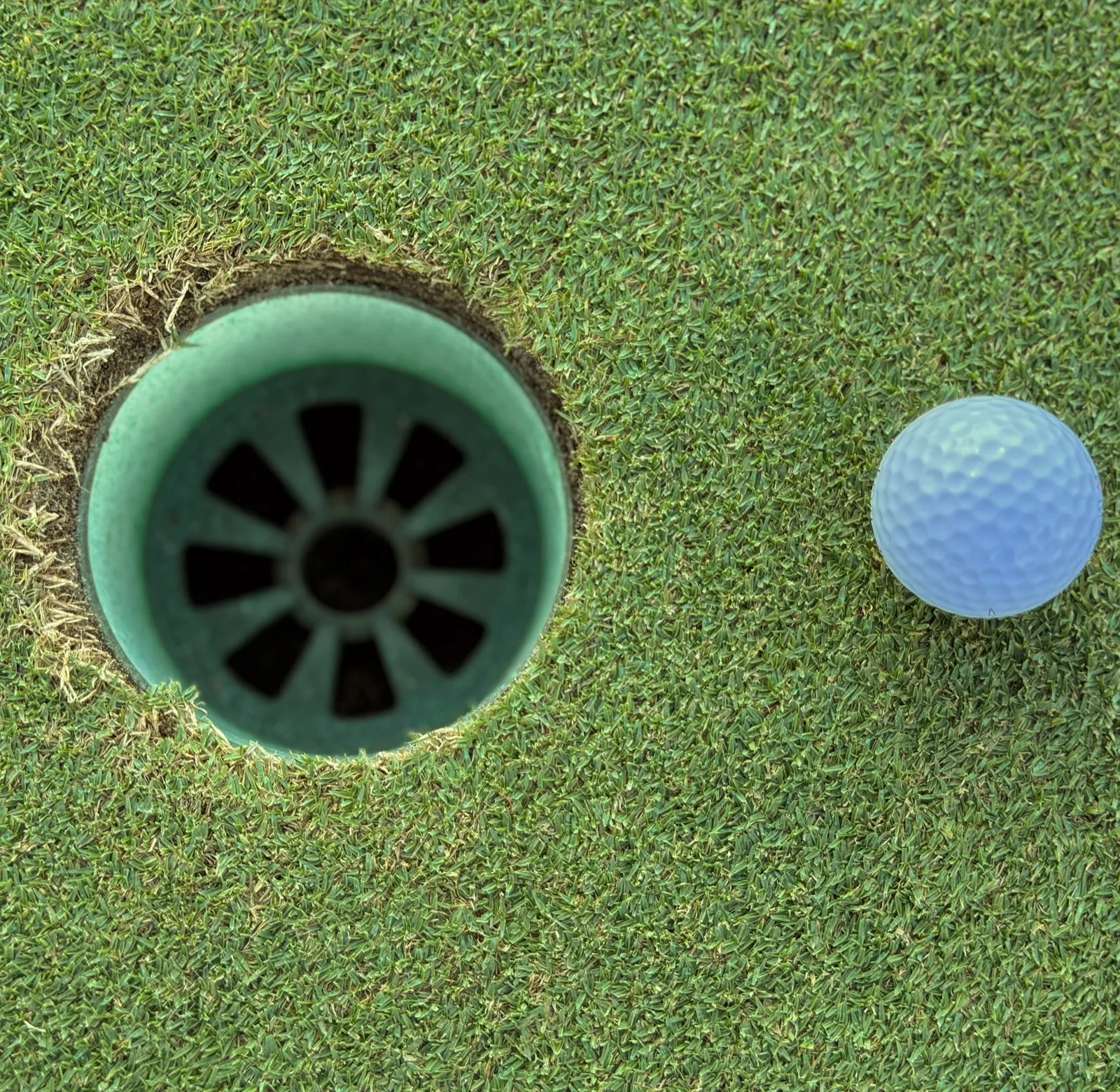 Close-up of the hole and a golf ball on the green